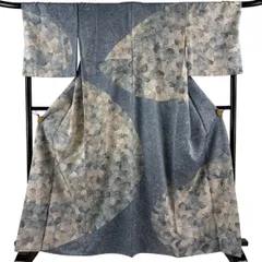 訪問着 身丈164cm 裄丈68.5cm L 袷 山岡古都 落款 葉 草花 青灰色 正絹 逸品 【中古】のサムネイル