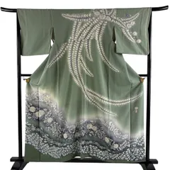 訪問着 身丈157.5cm 裄丈65.5cm M 袷 翠山工房 落款 辻が花 ぼかし 灰緑 正絹 名品 一つ紋 【中古】のサムネイル