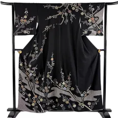 訪問着 身丈158cm 裄丈64cm M 袷 枝梅 霞 金銀彩 絞り 黒 正絹 秀品 【中古】のサムネイル