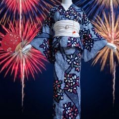 最高級 有松鳴海絞り 浴衣 総絞り 藍色 ピンク 木綿 夏着物 絞りゆかた