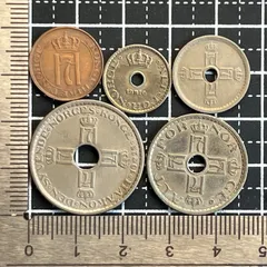 【古銭】ノルウェー オーレ・クローネ貨 5枚セット 1929〜1969年 穴あきコイン 王冠デザイン 北欧コイン コレクション 管理番号341のサムネイル