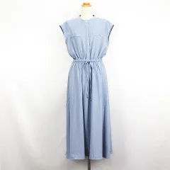 ナチュラルクチュール natural couture ワンピース チュニック 半袖 フレンチスリーブ バンドカラー ロング丈 ウエストマーク F ブルーグレー ※EKM