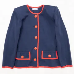 YVES SAINT LAURENT イヴサンローラン ノーカラージャケット ニット ミラノリブ バイカラー ヴィンテージ コットン ネイビー レディース M b01887のサムネイル