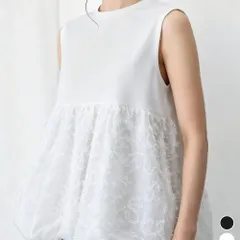 フェザー切替ノースリーブペプラムブラウス レディース クルーネックtシャツ 華やかなドッキングトップス大人可愛い 涼しげブラウス ジャガードカットソー夏チュニック ハイウエストシャツ 体型カバートップス Aラインブラウス夏のサムネイル