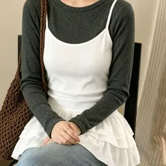 ティアードフリルキャミソールチュニック白 レディース大人可愛いレイヤード用キャミソール 異素材切替ペプラムトップス おしゃれ重ね着キャミ 体型カバー韓国風ビスチェ フレアキャミソール キャミインナー春夏 三段フリルブラウスのサムネイル
