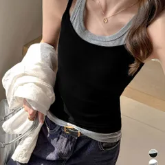 レイヤード風キャミソール 韓国風配色夏服 レディース 重ね着風キャミソール 細見えドッキング リブタンクトップ きれいめカジュアルインナー バイカラータンク着やせ 肌見せ 夏肌着無地 ストレッチトップス ノースリーブ夏服のサムネイル