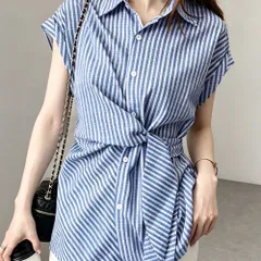 ウエストリボンチェックシャツ半袖ブラウス フレンチスリーブシャツブラウス ギンガムチェック柄カシュクール風トップス 襟付きシャツ 大人可愛いペプラム風トップス春夏 リボンブラウス上品 韓国風人気トップス 着やせ 体型カバーのサムネイル