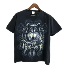FRUIT OF THE LOOM アニマルプリント オオカミ 半袖Ｔシャツ ブラック(メンズ L)中古 古着 U1961のサムネイル