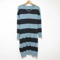 美品 PLAIN PEOPLE プレインピープル ワイドボーダー 長袖 Vネック ひざ丈 ニットワンピース 9 ライトブルー×ブラック レディース 古着 中古 USEDのサムネイル