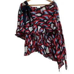 美品 PINKO ピンコ シアープリントオフショルダーブラウス ネイビー サイズ38 レッド レディース 古着 中古 USEDのサムネイル