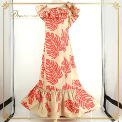 フラダンス 衣装 TAHITI IMPORTS タヒチインポーツ ワンピース ドレス ベージュ系 モンステラ柄 植物柄 ハワイアンプリント ハワイアン アロハ フラ ダンス レッスン 練習 オレンジ系 橙 フリル 華やか 鮮やか かわいい おしゃれ 上品のサムネイル