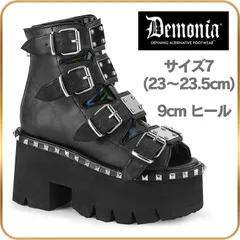23 23.5 cm demonia デモニア 厚底 ブーツ サンダル ショートブーツ 9cm ヒール 黒 ブラック オープントゥ ベルト メタルプレート スタッズ ジッパー 厚底靴 ライブ パンク V系 ゴシック 靴 ASHES-70のサムネイル