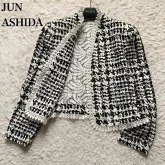 ジュンアシダ jun ashida 日本製 ノーカラージャケット カーディガン 羽織り 透かし編み 総レース 黒 白 ブラック ホワイト モノトーン フリー M L フォーマル セレモニー お呼ばれ エレガント 上品 高級感 春 夏のサムネイル