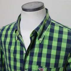 【 ホリスター】シャツ メンズ L 美品 黄緑 濃紺 HOLLISTER サーフ 2015年 ブロックチェック柄 ボタンダウン