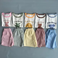 アニマル　セットアップ　子供服　キッズ　ベビー　半袖　夏服　かわいい　おしゃれ　チェック　男の子　女の子　Tシャツ　半ズボン