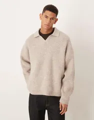 エイソス メンズ アウター ニット・セーター ASOS DESIGN super oversized boxy fit knit fisherman rib notch neck sweater BEのサムネイル
