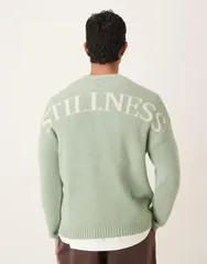エイソス メンズ アウター ニット・セーター プリント ASOS DESIGN oversized knitted sweater in sage with Stillness backprint Sのサムネイル