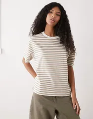 モンキ レディース トップス Tシャツ Monki Ash boxy tshirt and khakigreen stripes White ホワイトのサムネイル