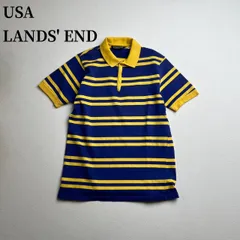 USA LANDS'END　ボーダー　半袖ポロシャツ　ランズエンド　ネイビー　イエロー　M 古着