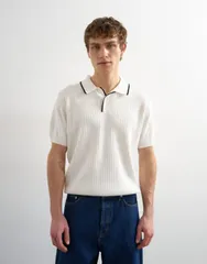 トップマン メンズ トップス ポロシャツ リブ ニット Topman classic fit knit ribbed polo with tipping in ecru WHITE ホワイトのサムネイル
