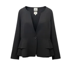 17f18 ARMANI COLLEZIONI アルマーニコレツィオーネ ノーカラージャケット 裾フリル サイズ48/2XL相当 ブラック ウール100％ レディース 女性用u02tのサムネイル