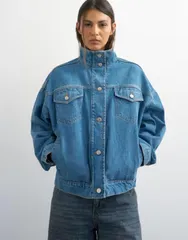 トップショップ レディース アウター ジャケット・ブルゾン スタンドネック Topshop funnel neck elastic hem detail jacket mid BLUE ブルーのサムネイル