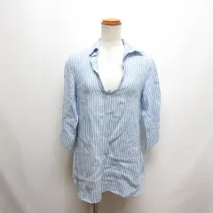 イネド INED ストライプ柄 麻リネン 七分袖 スキッパー シャツ 9 ブルーのサムネイル