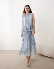 アレンジ レディース トップス ワンピース ティアード フリンジ ARRANGE tie red fringe midaxi dress in pale BLUE ブルー