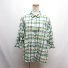 クロコダイル CROCODILE チェック柄 七分袖 シャツ ブラウス M 緑 グリーン 麻リネン混のサムネイル