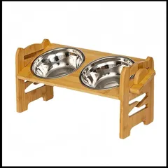 猫 犬用 食器 ペット食器台 猫 犬用 フードボウル 水ボウル 陶器皿 ４段階の高さ ステンレスボウル 竹製 滑り止め 取り外し可能 頸椎を保護 天然竹 250ML*2個 傾斜15度 ペット用食器 食べやすい ステンレスボウル付き (42*18*19.5c 1
