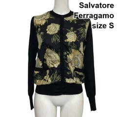●◇ サルヴァトーレフェラガモ Ferragamo 長袖ニットカーディガン クルーネック 花柄プリント 黒 毛 シルク S 7号 レディース S6F505のサムネイル