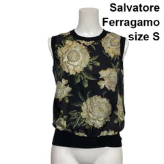 ●□ サルヴァトーレフェラガモ Ferragamo ジレ ベスト ノースリーブ 花柄 クルーネック トップス 黒 毛 シルク S 7号 レディース S6F504のサムネイル