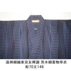 弐11718RM 遠州綿紬東京友禅調 男木綿着物単衣 裄70丈146К藍に黒
