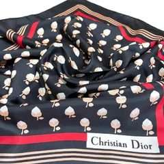 ☆Christian Dior レトロな蕾とスクエアモチーフ ヴィンテージ シルクスカーフ　ブラックのサムネイル