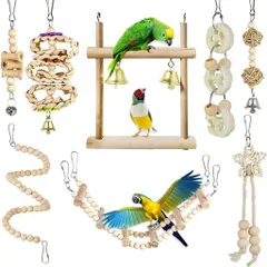 インコおもちゃ8点セット木製鳥のおもちゃ吊り下げ噛む玩具ブランコはしご止まり木オウムセキセイインコオカメインコバードトイ遊び場(8点セットA)