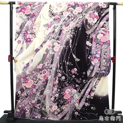 振袖 成人式 前撮り 正絹 単品 正絹 白 濃紫 桜 菊 熨斗 モダン クール 身丈173cm 裄丈66cm 晴れ着 結婚式 M～Lサイズ相当 レディース 女性用 即日発送 送料無料 即日発送のサムネイル