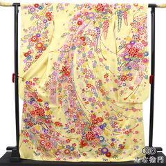 振袖 正絹 黄色 クリーム色 古典花柄 裄67㎝ 成人式 中古 D-113 - メルカリ