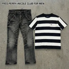 【コーデ売り】NICOLE CLUB FOR MEN　ニコルクラブフォーメン　FRED PERRY　フレッドペリー　ブラックデニムギミックパンツ/ジーンズ　半袖Tシャツ　ボーダー柄　ジップフライ　黒　ブラック　Mサイズ　古着のサムネイル