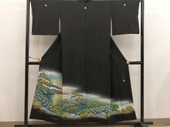 平和屋着物○男性 紬 ちぢみ織 色無地 藍鉄色 正絹 逸品 AABI5186cs