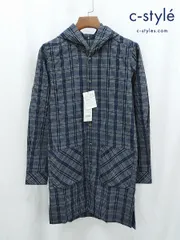 D294 [未使用品] NO ID. ノーアイディー 長袖ロングシャツ 1 ネイビー チェック柄 フード付き 844006-885S | ★のサムネイル
