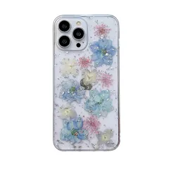 iPhone 14 Pro Max 対応 クリア 可愛い 花柄 ケース, CrazyLemon 薄型 軽量 透明 ソフト シリコーン アイフォン14プロマックス ケース カバー 耐衝撃 お洒落 綺麗 美しい ブルー ホワイト ピンク 本物の花 花びら 贅沢 キ