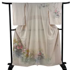 訪問着 身丈162.5cm 裄丈64.5cm M 袷 松井青々 落款 草花 金彩 ピンクベージュ 正絹 逸品 【中古】のサムネイル