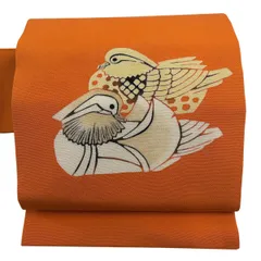 【美品】 名古屋帯 逸品 人間国宝 羽田登喜男 落款 鴛鴦 金糸 金彩 オレンジ 正絹 【中古】のサムネイル