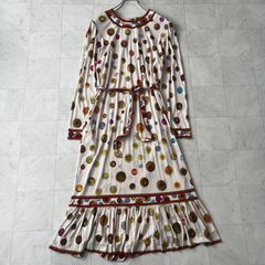 美品 レオナール シルク100% ボタン柄 裾フレア ベルト ワンピース L