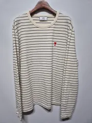 アミ バストハート ボーダー柄 長袖Tシャツ アイボリー Lのサムネイル