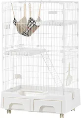 【一体型】 OSJ 猫 ケージ キャットケージ 2段 猫トイレ付き キャスター付き ハンモック 梯子付き 引き出し 収納 猫ゲージ 多頭飼い 大型 脱走防止 おしゃれ ホワイトのサムネイル