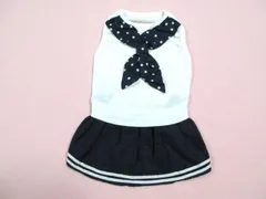 犬と生活 L.W.D　3号　胴回り42㎝　cool　ドットタイ　ワンピース　ホワイト・ネイビー　タグ付新品　定価6050円のサムネイル