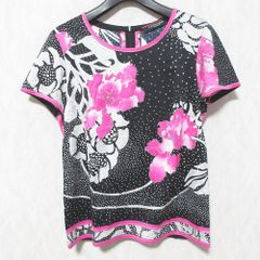 LEONARD コットン 花柄 幾何学プリント 半袖トップス 白 ピンク 黒 L
