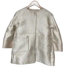 美品 DRAWER ドゥロワー PE FLW JQD NC/JK フラワーエンブロイダリー ノーカラージャケット 6522-299-0579 サイズ38 ベージュ レディース 古着 中古 USEDのサムネイル