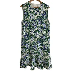美品 VICTORIA BECKHAM ヴィクトリアベッカム 総柄 ノースリーブ ワンピース サイズUK12 ホワイト グリーン ブルー レディース 古着 中古 USEDのサムネイル